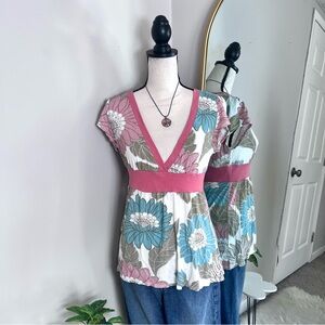 Y2K Floral V-Neck Women Top - Pink and Blue